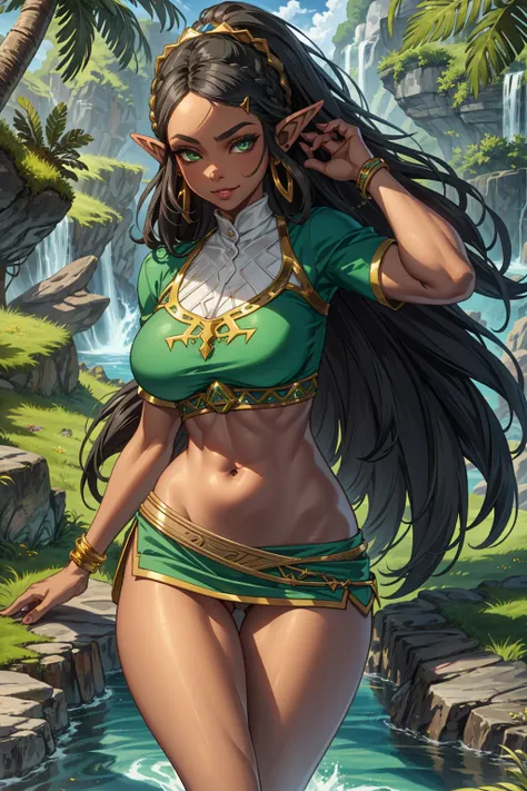 aazelda, long hair, pointy ears, dark skin, Green eyes, Black hair, Bimbo, Makeup, Lipstick (green), barefoot, (extremely detailed CG unity 4k wallpaper),(masterpiece),(best quality),(ultra-detailed),(best illustration),(best shadow),(absurdres),(detailed ...