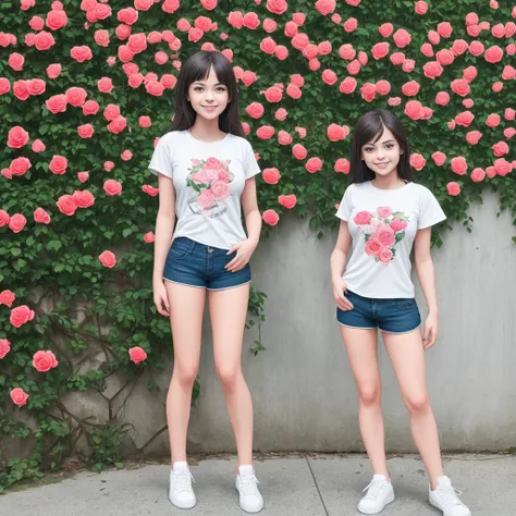 Masterpiece, a young beautiful girl, smiling, looking at the camera, standing in front of a clump of roses, wearing shorts and t-shirt, white sneakers. Wearing a top and shorts, flowers, full-body photo, casual pose, slender legs