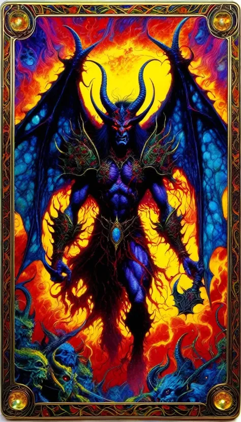 ((tarot card)) THE DEMON ((card frame)), , work by sIMON bISLEY, vivid colors, intricate details, oil.
