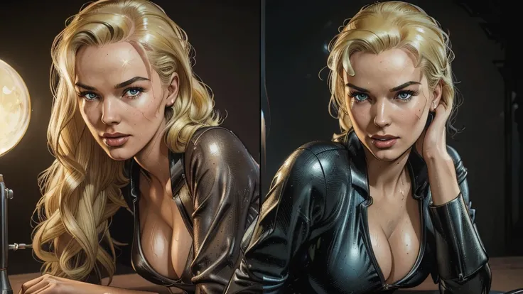 1girl,1950s retro comic,sci-fi,slender hot blonde,realistic proportions,tight jumpsuit,cleavage,looking at camera,(best quality,4k,8k,highres,masterpiece:1.2),ultra-detailed,(realistic,photorealistic,photo-realistic:1.37),HDR,studio lighting,extreme detail...