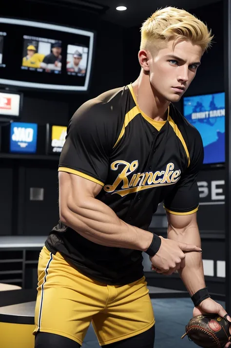 Extreme muscle, very strong, 25 year old man from Kentucky, short blonde hair, clean cut, baseball player, wearing black and yellow baseball jersey, in news studio