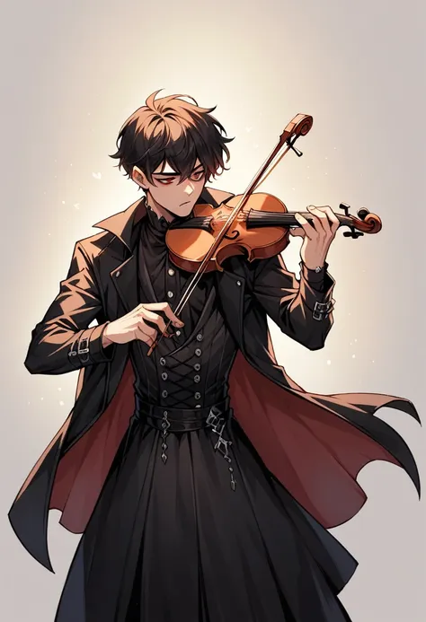 a gothic male bard, with black and red details in the clothing, playing the violin