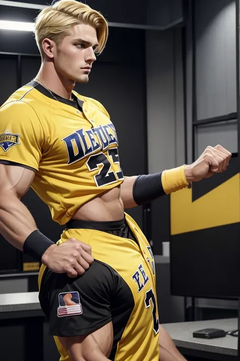 Extreme muscle, very tall, very strong, 25 year old man from Kentucky, short blonde hair, clean cut, baseball player, wearing black and yellow baseball jersey, in news studio