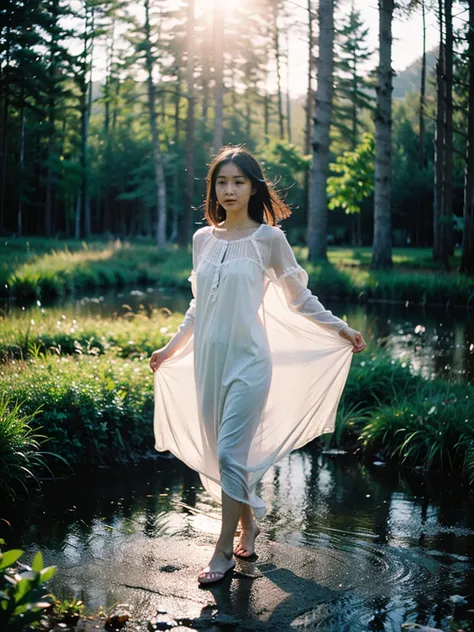 Best quality, ultra highly res, Realistic Fashion photography in the dark swamps, full body view from a young pretty uzbek women dancing between floating of leaves, soaking wet and submarged with water, wearing transparent nightdress, hair blowing in the w...