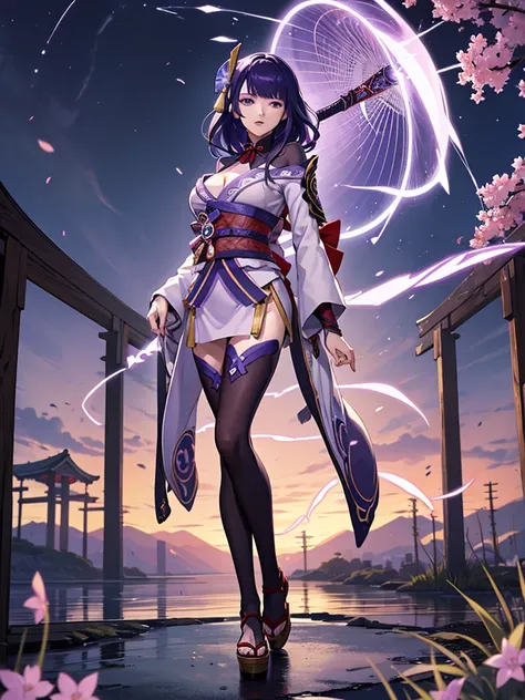 ((Full body image:1.4))Japanese Shrines, (Highest quality，Realistic,masterpiece:1.2，8k wallpaper:1.2)，((Pale skin))，One Girl，women only，((raidenshogundef))，Lightning Particles，Purple Lightning，Light background，cherry blossoms，Purple Theme，Delicate facial f...