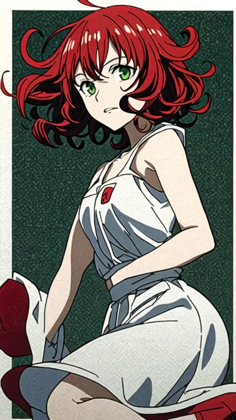 1 girl, red curly hair, with green eyes, manga version anime black and white