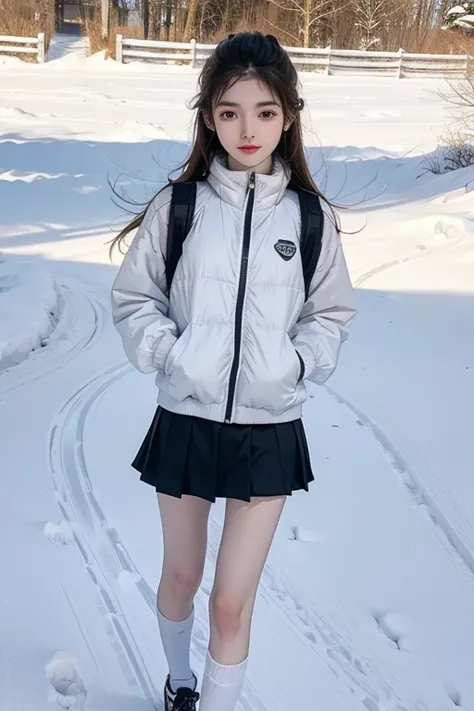 very skinny beautiful girl，16 years old，height 167cm，Weight 39kg，Waist 52 cm，wear uniform，mini skirt，white sports socks，running shoes，To the vest line，My legs are very thin，Your skin is very white，outdoor，snow day