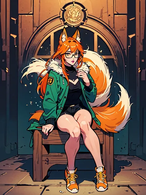 Masterpiece, 1girl, solo, (best quality,4k,8k,highres,masterpiece:1.2), full body, fox girl, (slim physique, green jacket, black shorts, yellow sneakers, yellow glasses, fox tail, orange hair), ((ultra detailed clothes, detailed fur texture, hyperdetailed ...