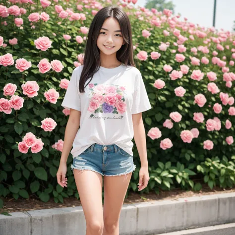 Masterpiece, a young beautiful girl, smiling, looking at the camera, standing in front of a clump of roses, wearing shorts and t-shirt, white sneakers. Wearing a top and shorts, flowers, full-body photo, casual pose, slender legs