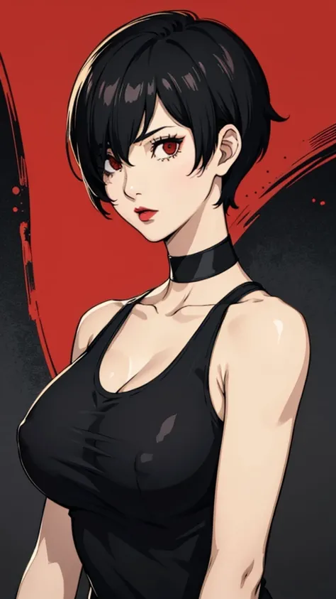 1 girl, milf, Red eyes, very Short hair, hair over one eye, black choker, lipstick, sad, black hair, tomboy Pixie haircut, tomboy Pixie haircut, tank top, huge breast, portrait, perfect body, face portrait