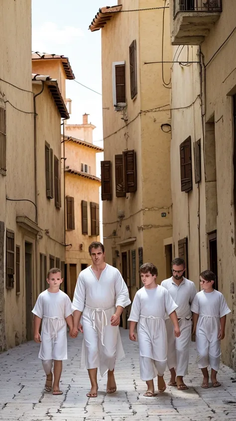 Characters: Niño Saul, Jewish family, city of Tarsus
 * Description: Un joven Saul juega en las calles de Tarso, surrounded by his family and other people. The city is full of life and activity.
 * Era: 1st century a.c.
 * outfit: Saul: white tunic and san...