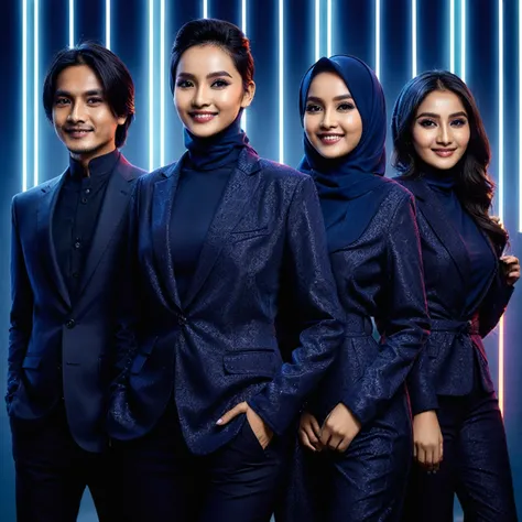 indonesian group cover, photo editor, creative design, must consisting of 4 people; one man with long hair, one man with short hair, one woman with a hijab, one woman with long hair, they wore matching dark blue glamoure outfit, standing posing confidently...