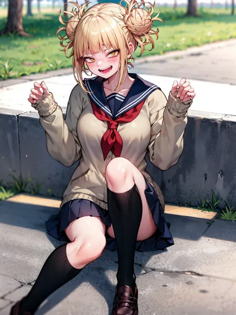 himiko toga, Sit on the ground with your knees up,sweater, Pleated skirt, Laughter
