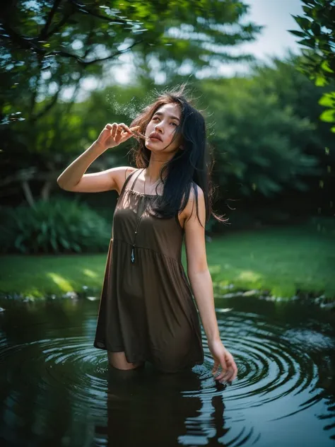 best quality, ultra highly res, realistic fashion photography in the dark swamps, full body view from a young pretty uzbek women...