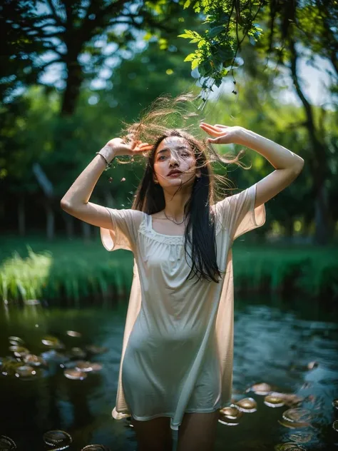 Best quality, ultra highly res, Realistic Fashion photography in the dark swamps, full body view from a young pretty uzbek women dancing between floating of leaves, soaking wet and submarged with water, wearing transparent nightdress, hair blowing in the w...