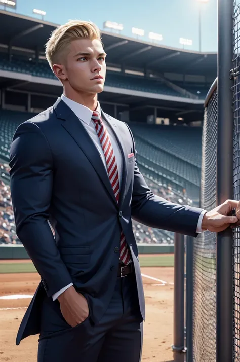 Extreme muscle, very strong, 25 year old man from Kentucky, short blonde hair, clean cut, baseball player, wearing business suit, at baseball field