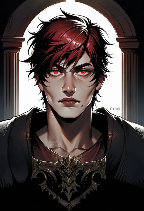 a gothic male bard, black and red detailed clothing, beautiful detailed eyes, dramatic lighting, moody atmosphere, cinematic lig...