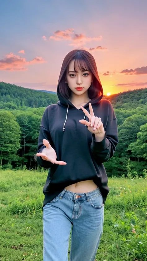 beauty asian woman, finger heart pose, wearing [CINTAKU] hoodie, blue jeans, background: landscape of lush forest heaven, sunset, 