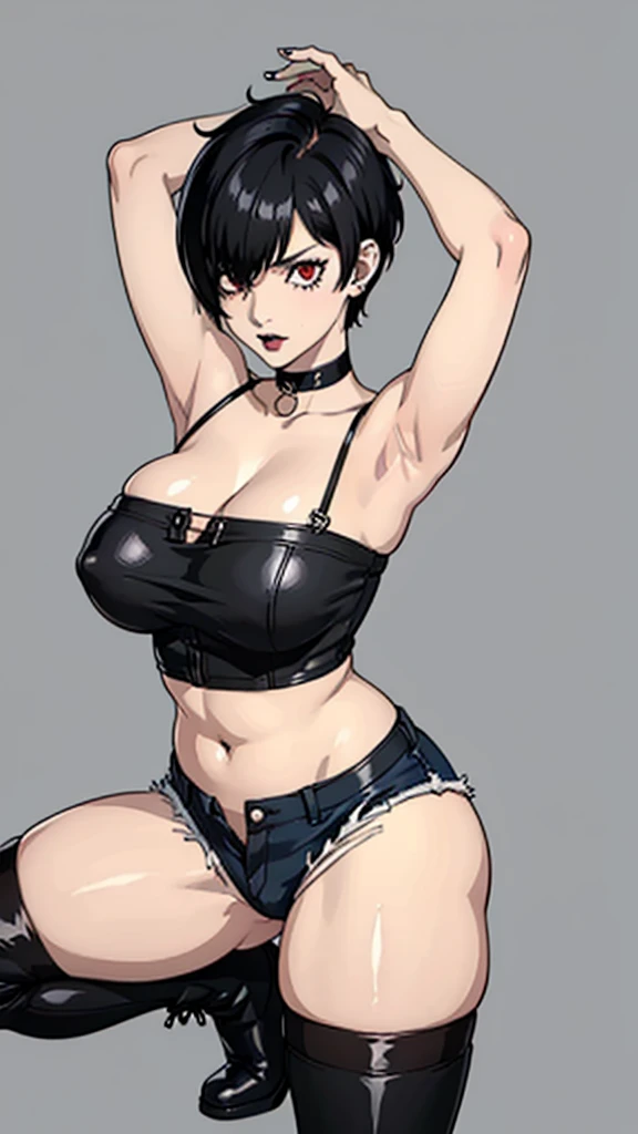 1girl, milf, serious face, red eyes, tomboy Pixie haircut, very Short hair, hair over one eye, black hair, black choker, white bandeau, belly, huge breast, extreme micro shorts, thicc legs, stockings, black lipstick, black lipstick ear piercings, cowboy sh...