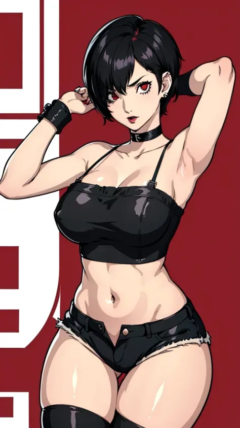 1girl, milf, serious face, red eyes, tomboy Pixie haircut, very Short hair, hair over one eye, black hair, black choker, white bandeau, belly, huge breast, extreme micro shorts, thicc legs, stockings, black lipstick, black lipstick ear piercings, cowboy sh...