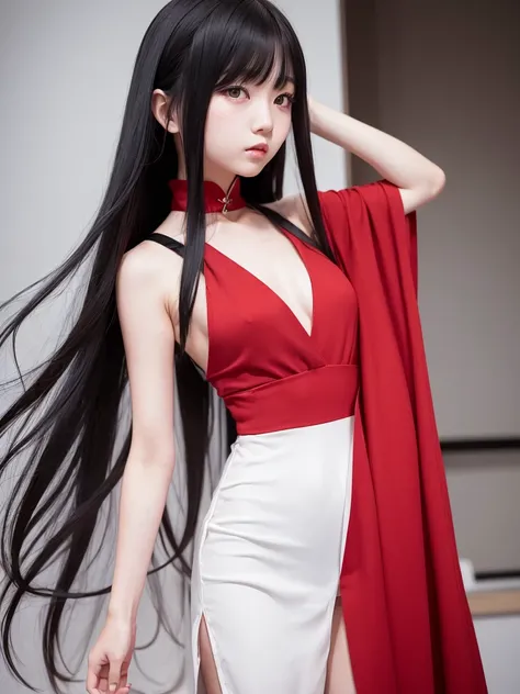 1girl, long straight black hair, straight hair , pale white skin, slightly slanted eyes, red dress, red hanfu, bust up  , flat hair bangs, dark theme