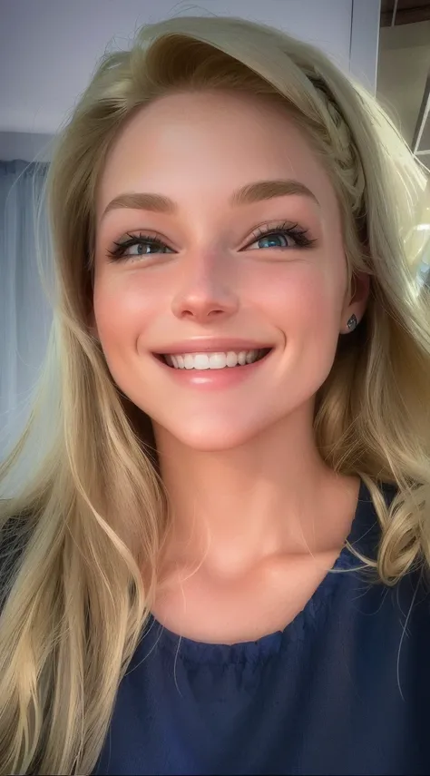 cartoon 3d style, smiling woman with long blond hair and blue shirt , profile image, smiling happily at the camera, smile with big front teeth, foto perfil, frontal portrait, smiling at the camera, smiling at the camera, headshot foto perfil, selfie taken ...