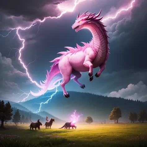 a pink weresheep half dragon with lightning around in a meadow