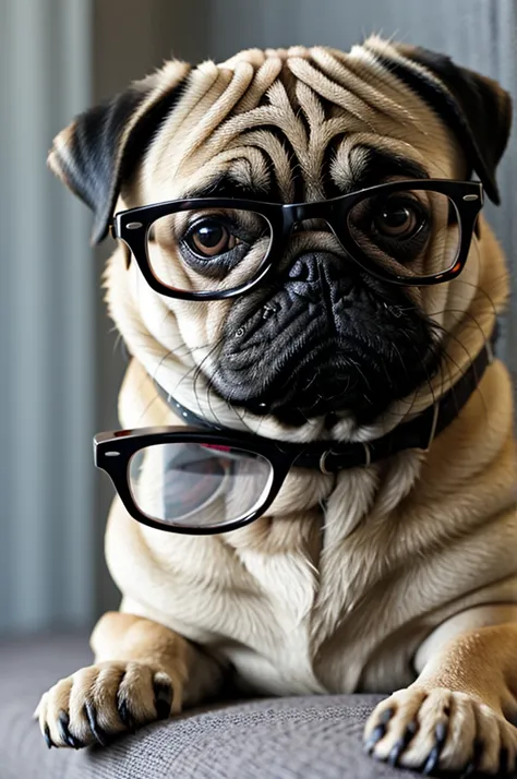 Pug with glasses posing 