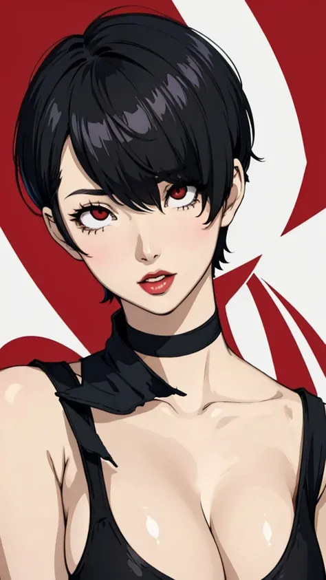 1 girl, milf, Red eyes, very Short hair, hair over one eye, black choker, lipstick, Sheyla face, black hair, tomboy Pixie haircut, tomboy Pixie haircut, tank top, huge breast, face portrait, ahegao face