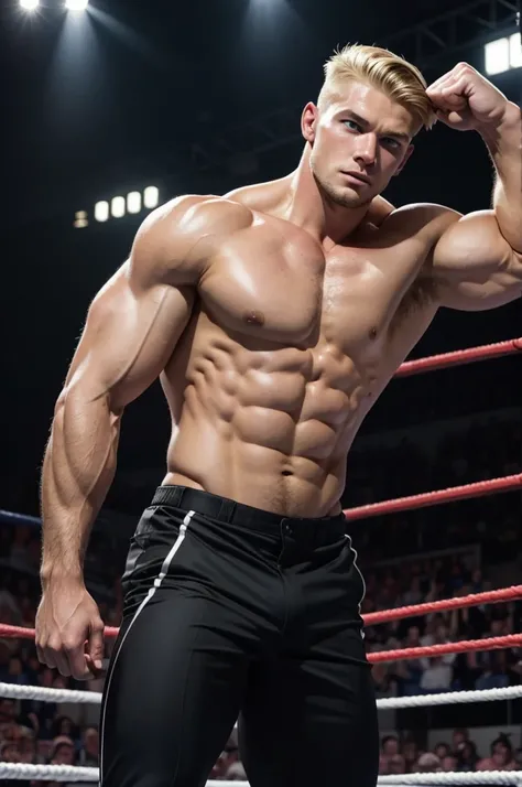 Extreme muscle, very strong, 25 year old man from Kentucky, short blonde hair, clean cut, baseball player, wearing business suit, in a professional wrestling ring