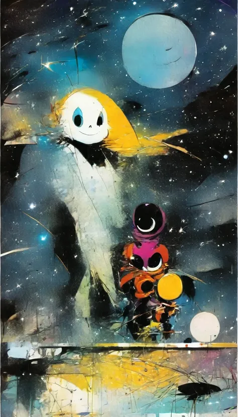 ghost,magic, fantastic, night sky, moon, stars, background (art inspired in Skottie Young and Bill Sienkiewicz). oil painting)
