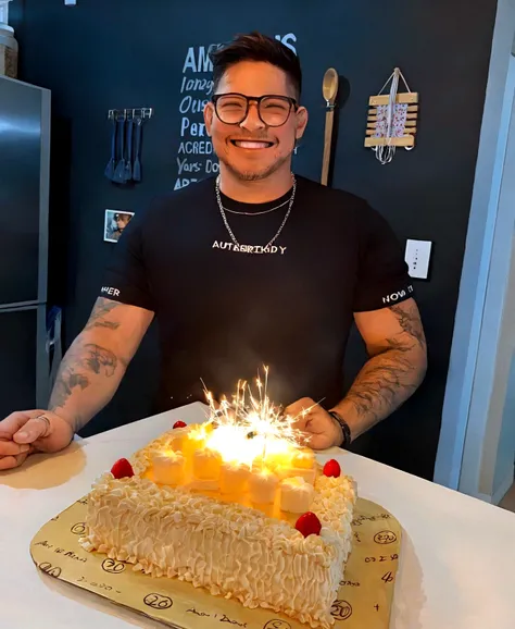 smiling man in glasses holding a birthday cake lit with candles, he is! about 30 years, he is about 30 years old, he is about 30 years, he is about 4 0 years old, he is about 40 years old, 29-years-old, 27 years old, he is about 2 5 years old, celebrating ...