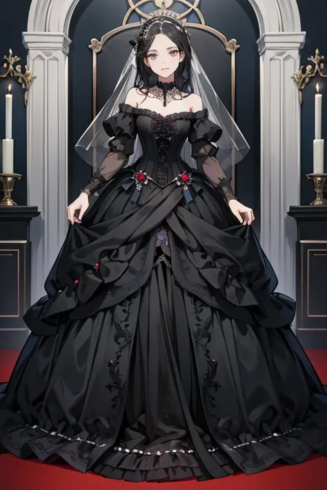 ((best quality, masterpiece, absurbres, super-resolution)) Black wedding dress, corset top, heavy detailing, high-lo dress, long train, off shoulder, embroidery detailing, beading, goth chic wedding dress, all black dress, full body portrait, legs showing,