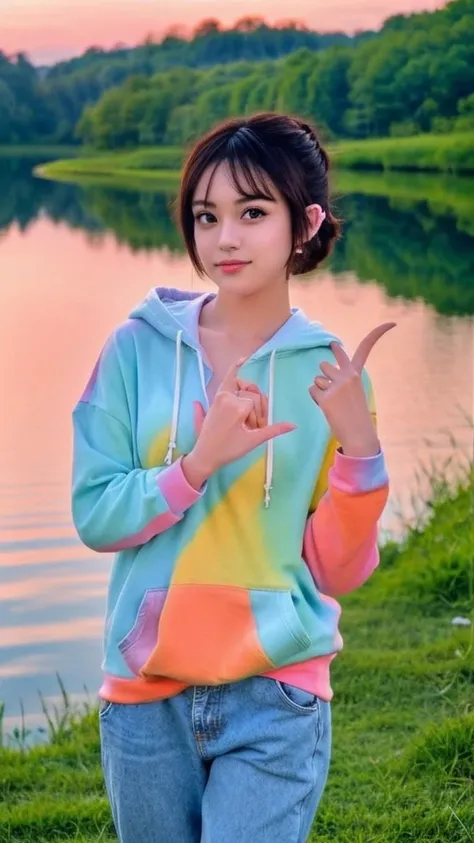 beauty Indonesian woman, finger heart pose, wearing [CINTAKU] hoodie, blue jeans, background: landscape of lush forest heaven, rainbow, clear lakes , sunset, 