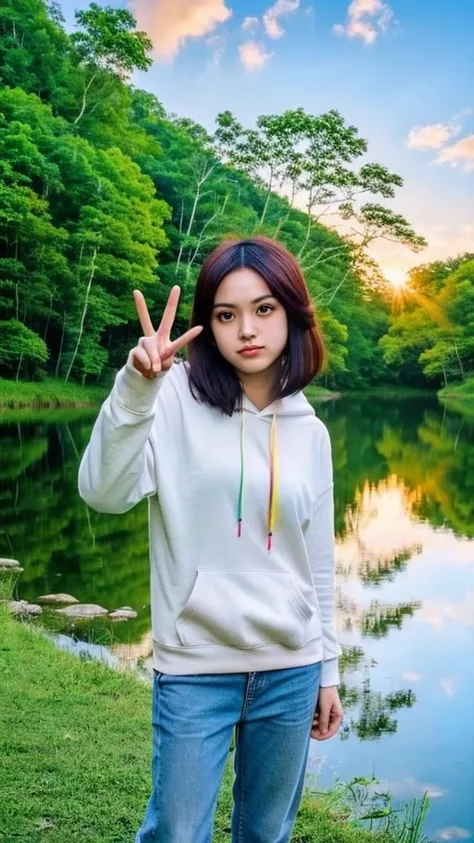 beauty Indonesian woman, finger heart pose, wearing [CINTAKU] hoodie, blue jeans, background: landscape of lush forest heaven, rainbow, clear lakes , sunset, 