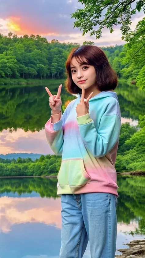 beauty Indonesian woman, finger heart pose, wearing [CINTAKU] hoodie, blue jeans, background: landscape of lush forest heaven, rainbow, clear lakes , sunset, 