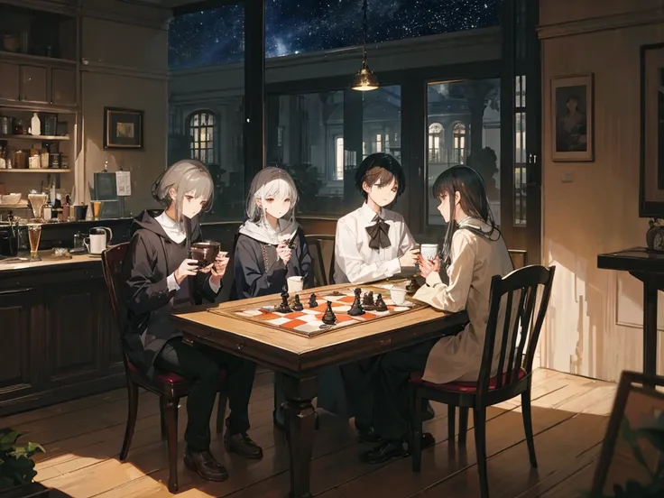 ４People are chatting happily while drinking coffee. There is a slightly melancholic atmosphere.
１People are women
３The person is a man in a room with a chessboard and a starry sky