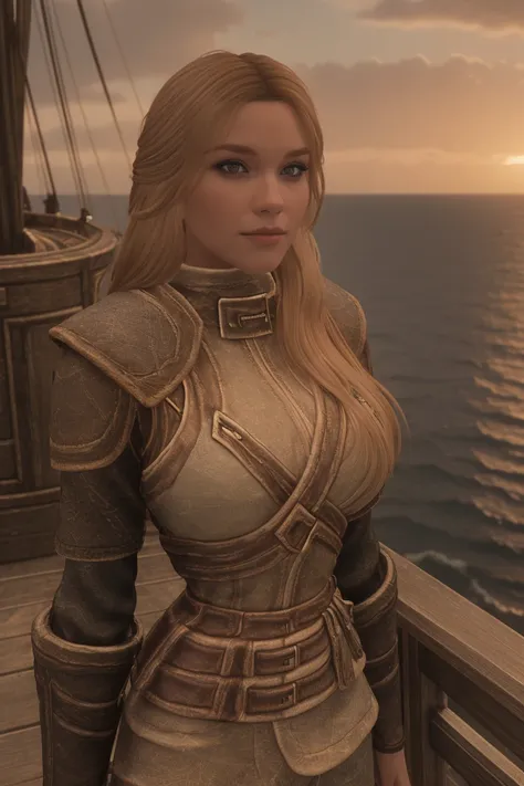 closeup shot of a stunning female Breton maiden stands poised on the weathered deck of a majestic ship at sunset in Skyrim. Her porcelain skin glows softly, illuminated by the warm rays of the rising sun. Delicate features and raven tresses frame her enigm...