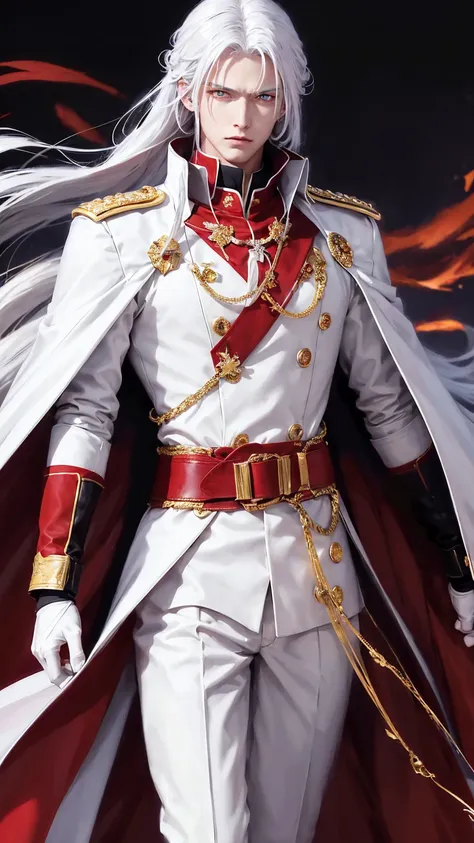 a man long, straight white hair piercing red eyes wearing an impeccable white military uniform with gold details with a flowing ...