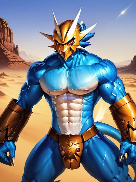 solo,angry ,Magnamon,tall,（musclar：1.5）,blue and white skin,(battle damaged:1.5),(topless Magnamon:2),(armor fragments:1.5),(shirtless:1.5), fighting_stance, in desert ,full_shot
