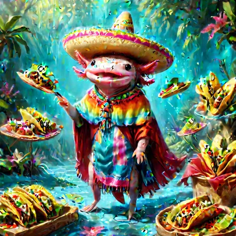 (masterpiece:1.5)  axomdel2, a happy axolotl wearing sombrero and poncho, with details of tacos eyedetail-sdxl, ffacedetail-sdxl...