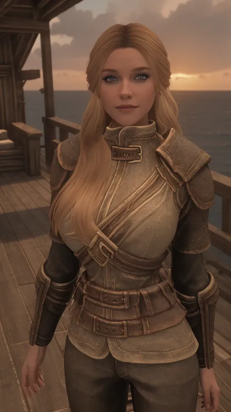 closeup shot of a stunning female Breton maiden stands poised on the weathered deck of a majestic ship at sunset in Skyrim. Her porcelain skin glows softly, illuminated by the warm rays of the rising sun. Delicate features and raven tresses frame her enigm...