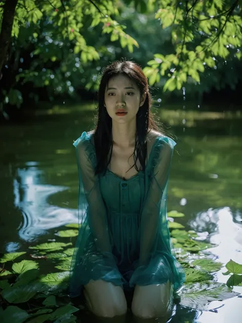 Best quality, ultra highly res, Realistic Fashion photography in the dark swamps from a young pretty uzbek women dancing between floating of leaves, soaking wet and submarged with water, wearing transparent nightdress, hair blowing in the wind, sunlight ex...