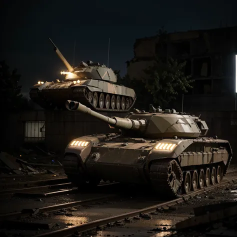 Russian T90M Main Battle Tank, 8k Resolution, Tank, In action, At night, In a broken and abandoned city