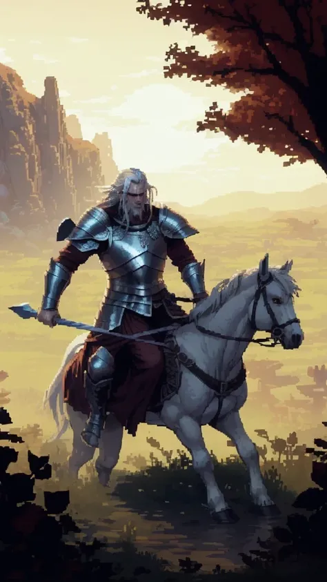 (Pixel art: 1.2), firm stance, combat stance, Focus on (Middle Earth, Knight charging into battle on horseback, wielding a sword and dressed in a black cloak with left shoulder armor, Don, Short, Solid, Face diamond-shaped, light skin, platinum white hair,...