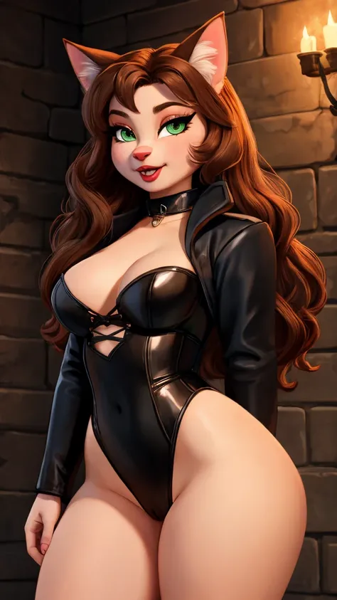 (best quality, masterpiece:1), furry female anthro captainamelia is a very sexy dominatrix, long hairbrown nose, cat ears, (body fur), , no thong pussy showing no top large thighs  huge thighs exposed , green eyes, looking at viewer, closed mouth, lipstick...