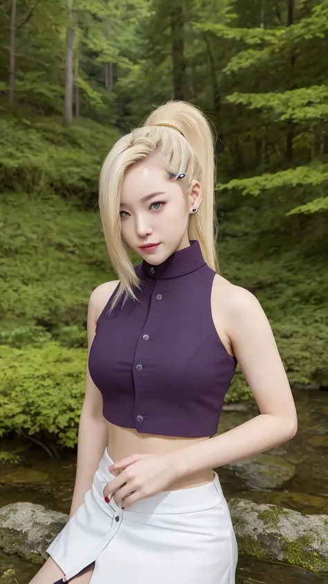 (masterpiece, Highest quality:1.2), alone, One girl, yamanaka ino, smile, View your viewers, Hair on one eye, ponytail, Hair Clip, Crop top, No sleeve, skirt, Fishnet tights, Earrings, abdomen, forest 