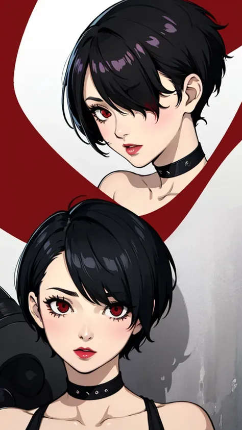 1 girl, milf, Red eyes, very Short hair, hair over one eye, black choker, lipstick, Sheyla face, black hair, tomboy Pixie haircut, tomboy Pixie haircut, bandeau, huge breast, face portrait, ahegao face, eyes rolling, wet, blushing 