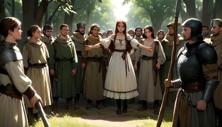 "Create an image that portrays a fascinating encounter between a young peasant girl from the Middle Ages, dressed in an authentic brown tunic, and a group of soldiers also from the Middle Ages, dressed in chain mail and holding spears in their hands. The y...