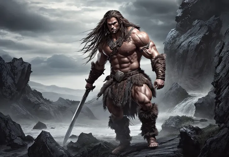 a muscular male barbarian warrior, long hair, carrying a sword, in a rugged fantasy landscape, cinematic dramatic lighting, dark moody colors, highly detailed, intricate textures, photorealistic, digital painting